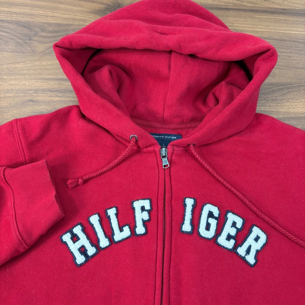 Tommy Hilfiger Womens Red Full Zip Chenille Logo Hoodie Sweatshirt XL Y2K Retro